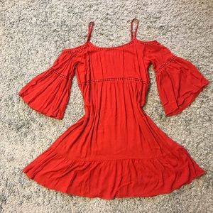 Red flowy dress.